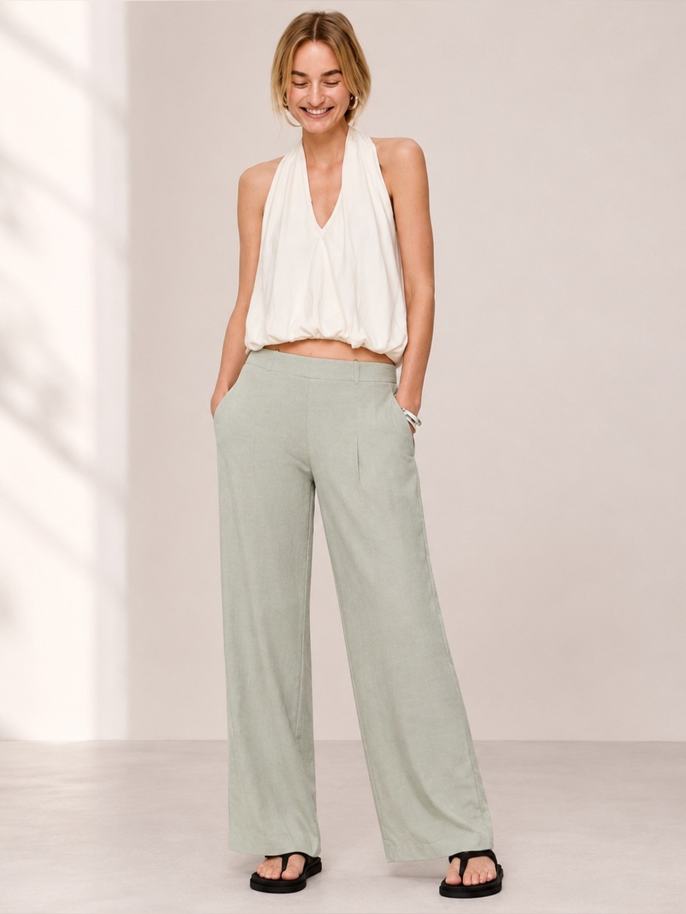 NWT Banana Republic Sage Green Linen Blend Straight Leg Pull-On Pants